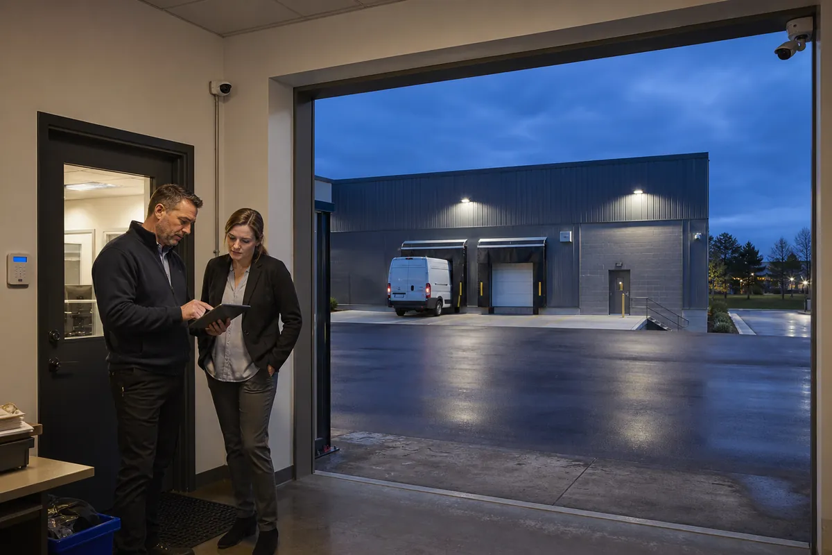 Illustrative operations manager and technician reviewing an alarm event at a commercial loading facility
