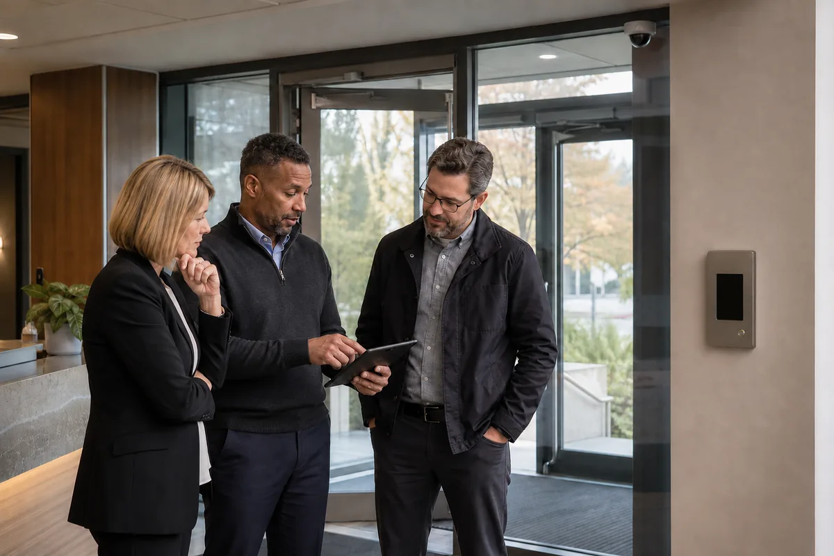 Illustrative privacy, operations and security specialists reviewing a commercial entrance camera and intercom in Southern Ontario