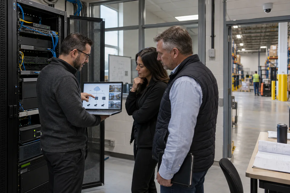 Illustrative IT, security and facilities team reviewing commercial video architecture beside a properly installed network and recording rack