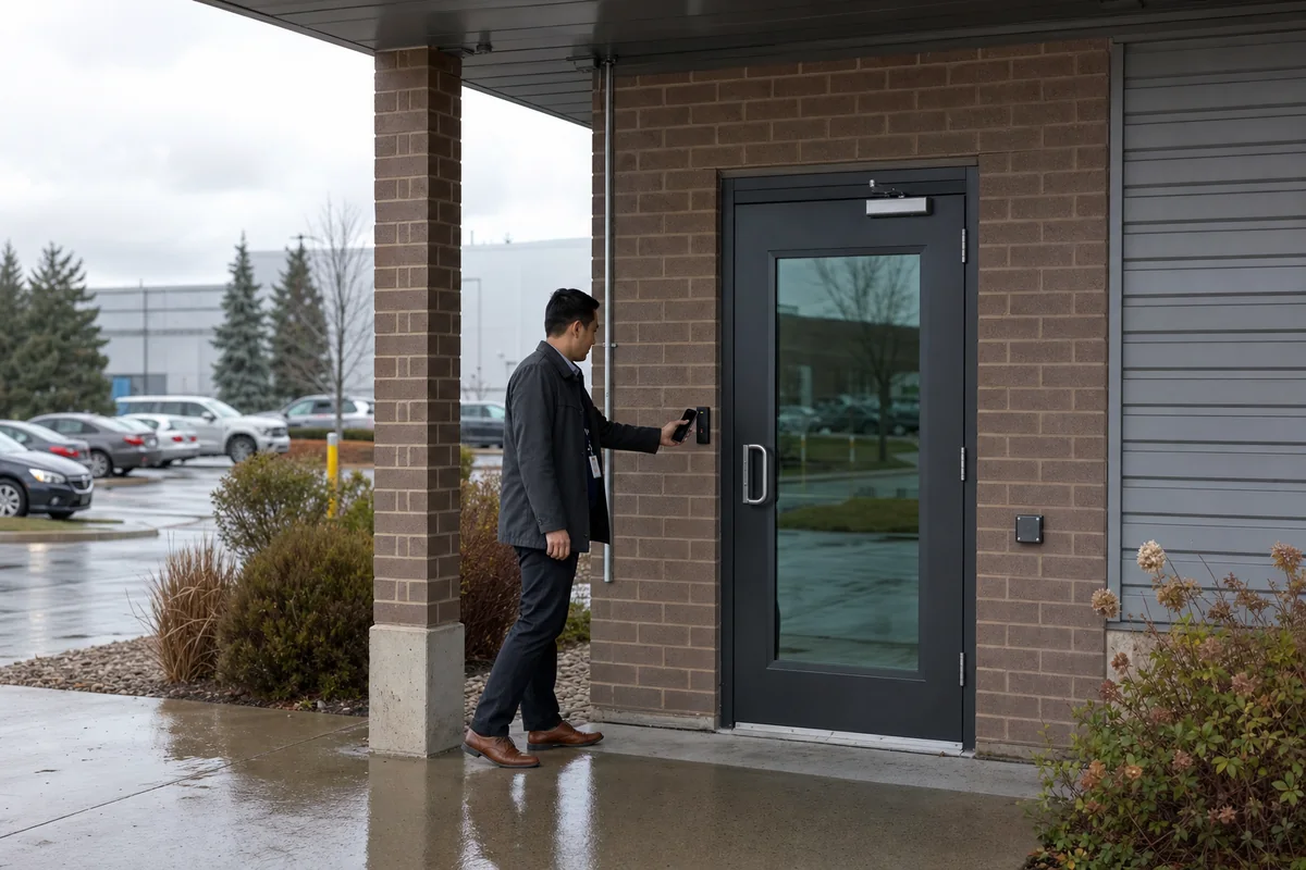 Illustrative employee using a mobile credential at a commercial entrance