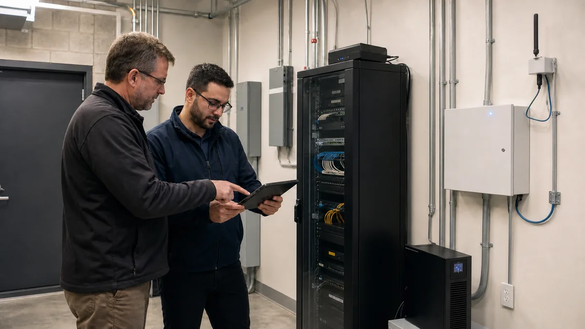Illustrative facilities manager and technician testing alarm communications beside a network rack