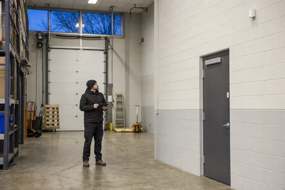 Illustrative security technician conducting a commercial motion-detector walk test