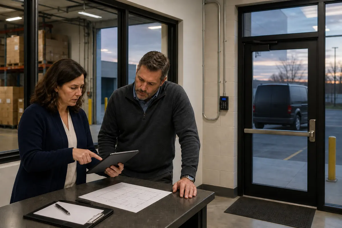 Illustrative operations managers reviewing a commercial alarm response plan beside a controlled entrance