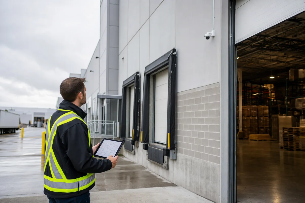 Illustrative security consultant reviewing camera sightlines at a commercial loading facility