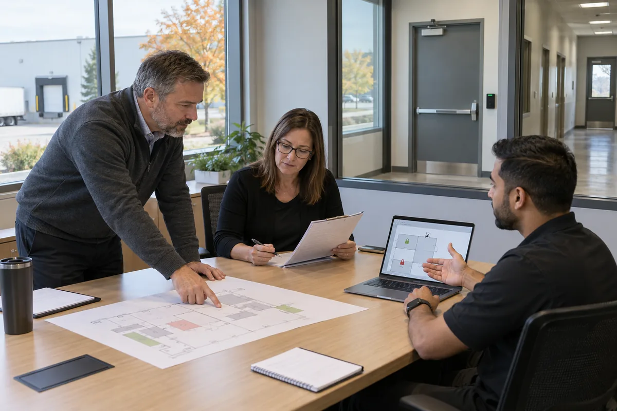 Illustrative facilities, safety and security leaders planning emergency door states in a Southern Ontario commercial facility