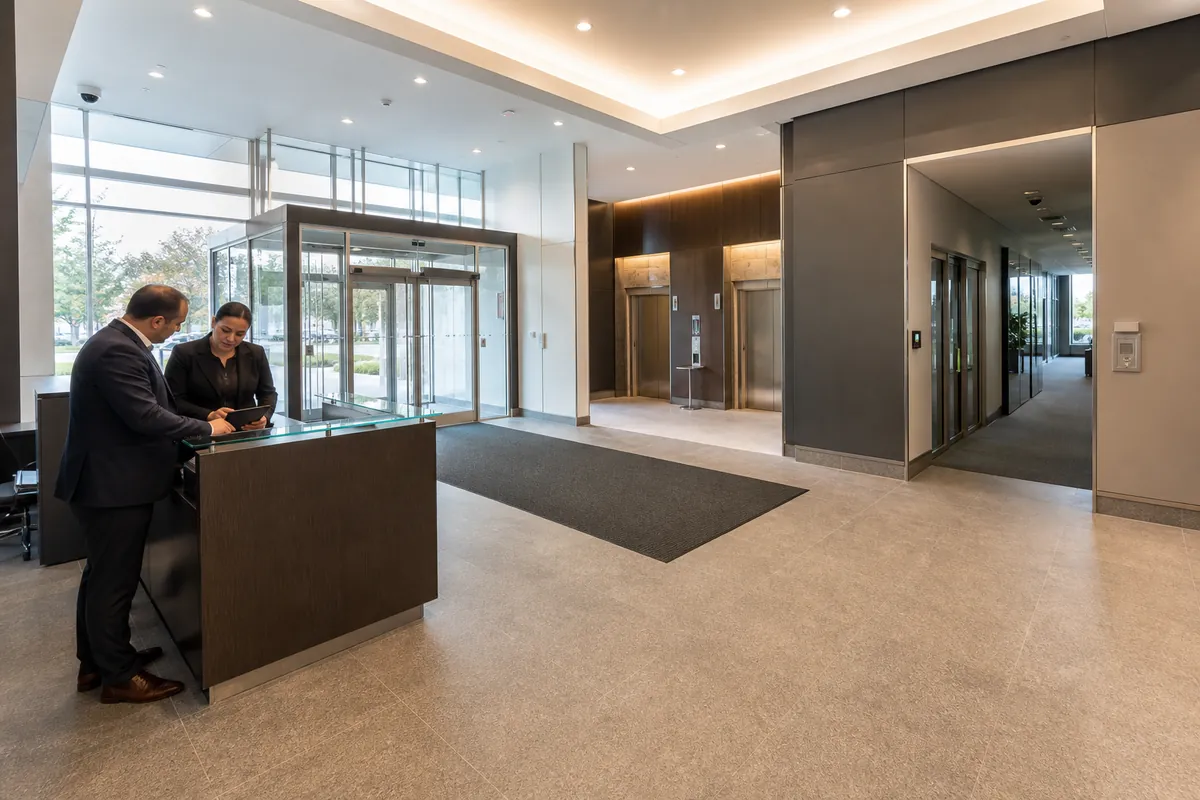 Illustrative property manager and concierge reviewing security in a commercial building lobby