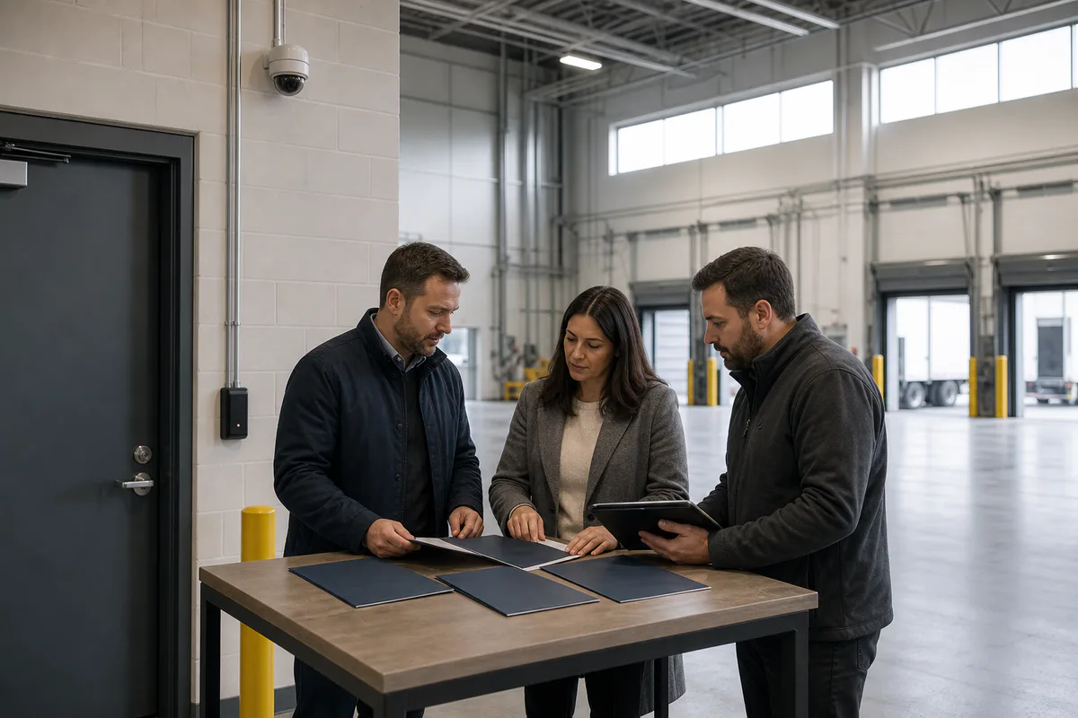 Illustrative procurement and facilities team comparing security proposals during a commercial site walk