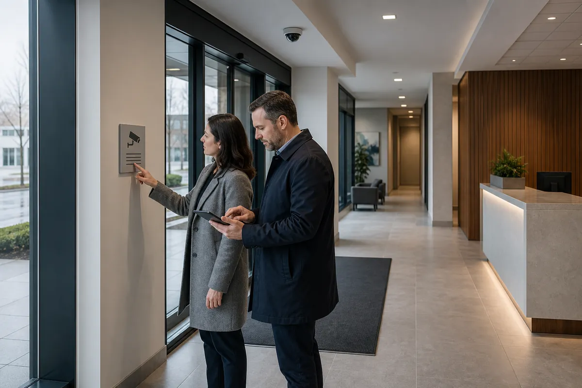 Illustrative property and privacy managers reviewing a camera notice in a commercial lobby