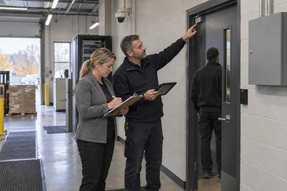 Illustrative facilities manager and security technician reviewing a controlled-door service checklist during an operational test