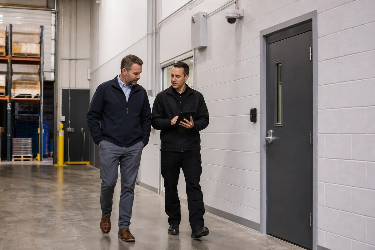Illustrative facilities manager and security technician inspecting integrated commercial security systems