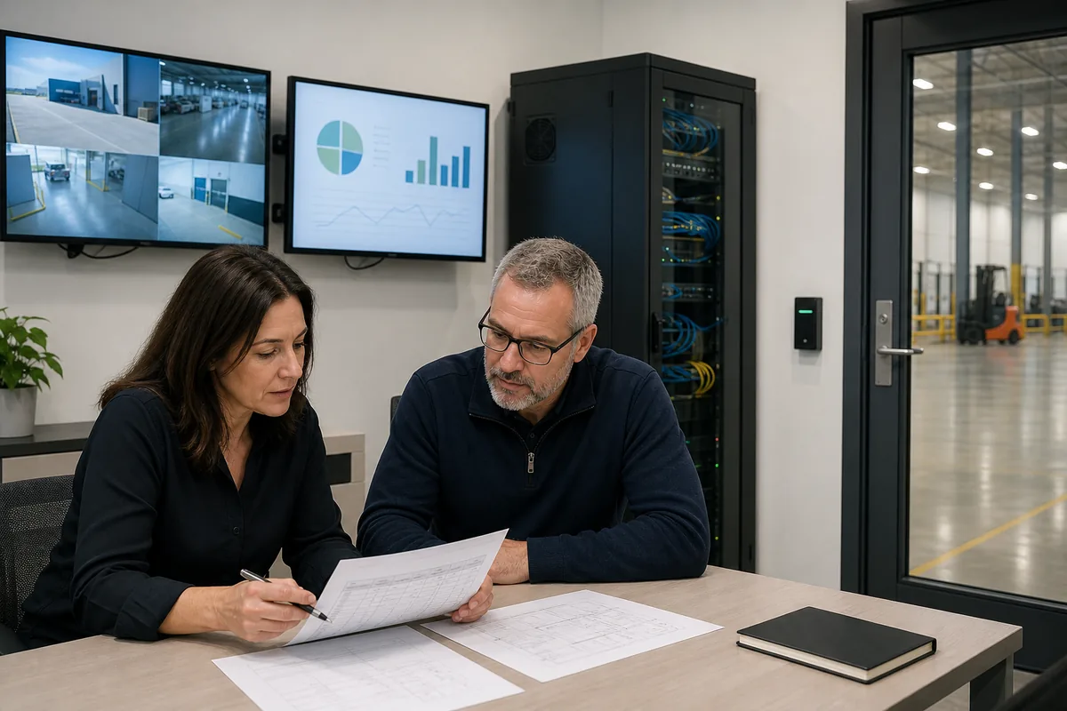 Illustrative facilities and procurement leaders reviewing a security-system lifecycle cost worksheet