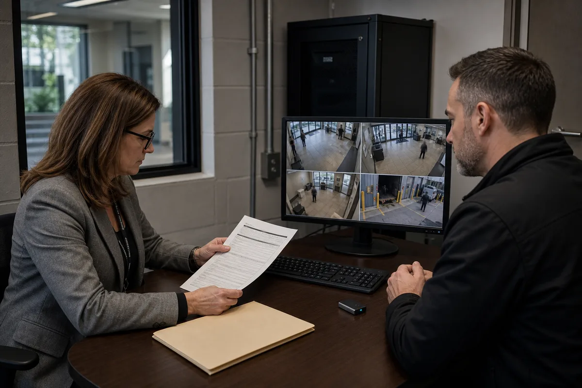 Illustrative privacy officer and property security manager reviewing a surveillance video access request