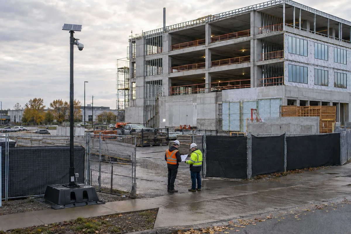 Illustrative Southern Ontario construction team reviewing a phase change beside a temporary fenced gate and mobile security camera
