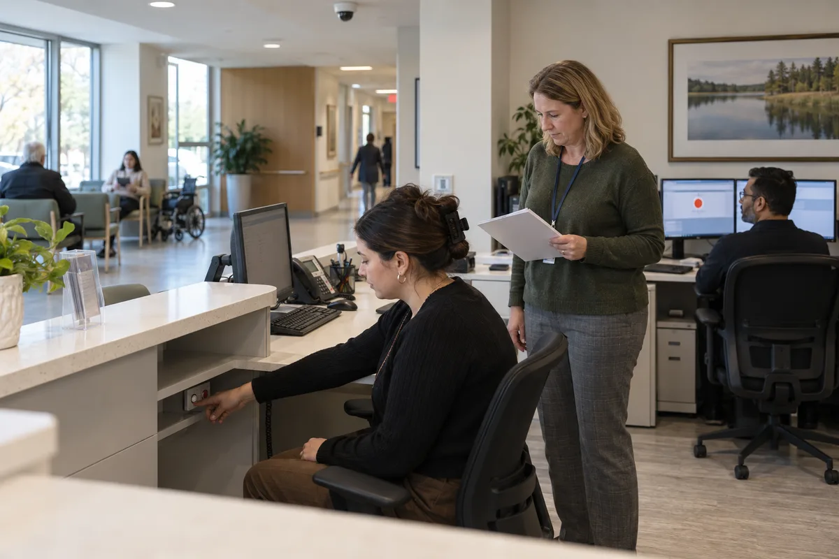 Illustrative reception team testing a discreet workplace duress alarm and response workflow