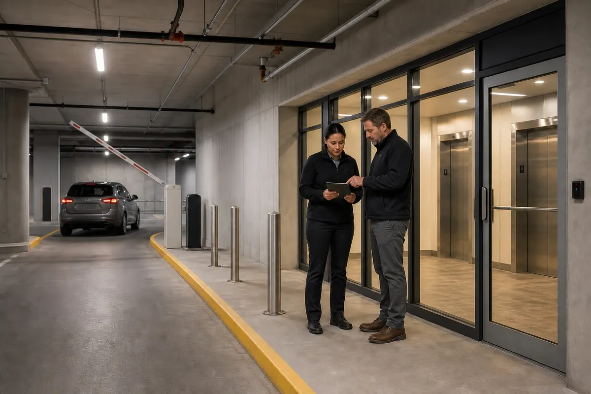 Illustrative facilities team reviewing access plans beside a parking garage elevator lobby