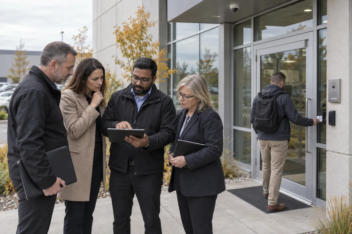 Illustrative security, privacy, IT and operations leaders comparing access options at a commercial entrance
