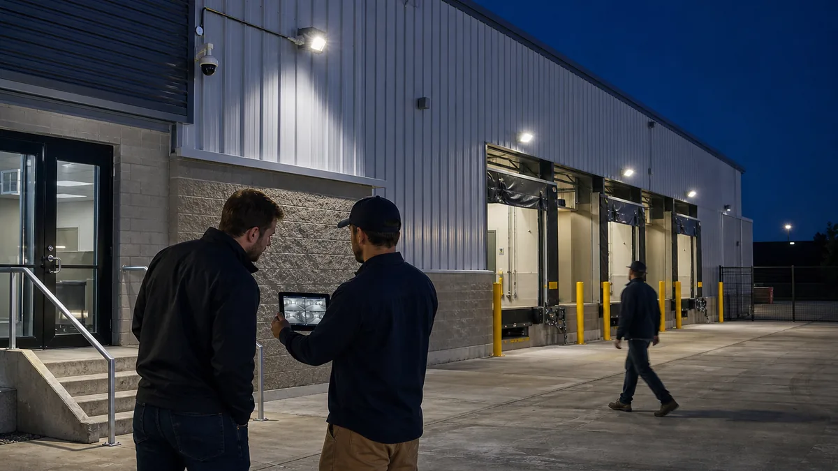 Illustrative after-dark security review outside a warehouse, with a camera, lighting and a person walking across the yard
