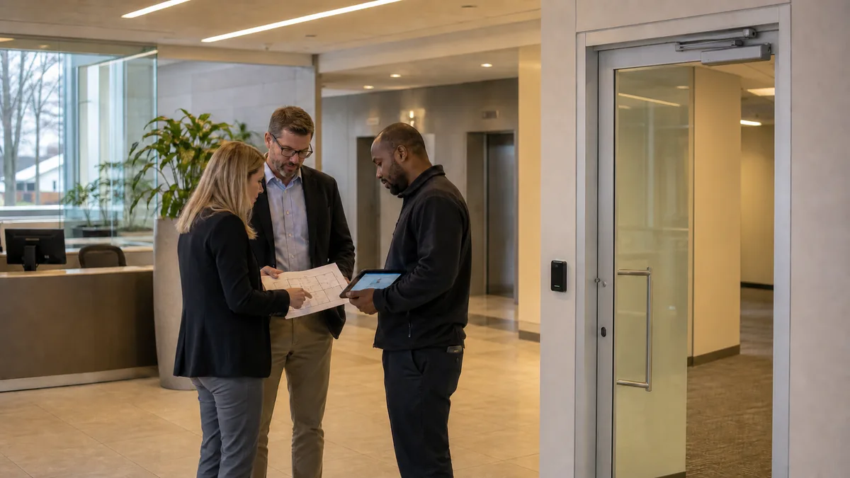 Illustrative property team reviewing access plans beside a controlled glass door in a commercial lobby