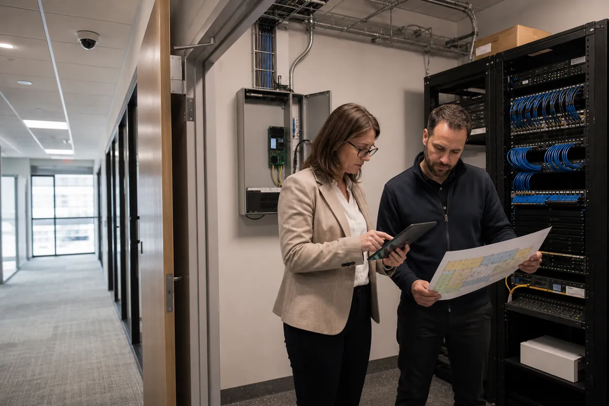 Illustrative facilities leader and technician planning a phased commercial security retrofit