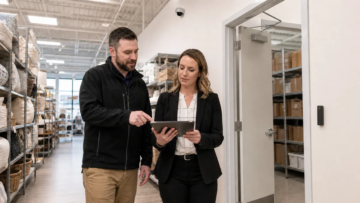 Illustrative retail loss-prevention manager and security technician reviewing a store security standard