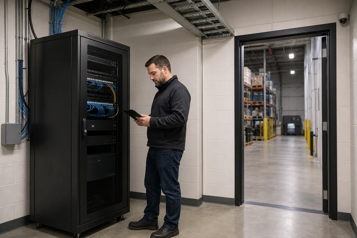 Illustrative IT technician reviewing a segregated commercial security camera network