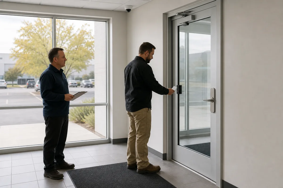 Illustrative facility manager witnessing a technician test an access reader in a Southern Ontario commercial entrance