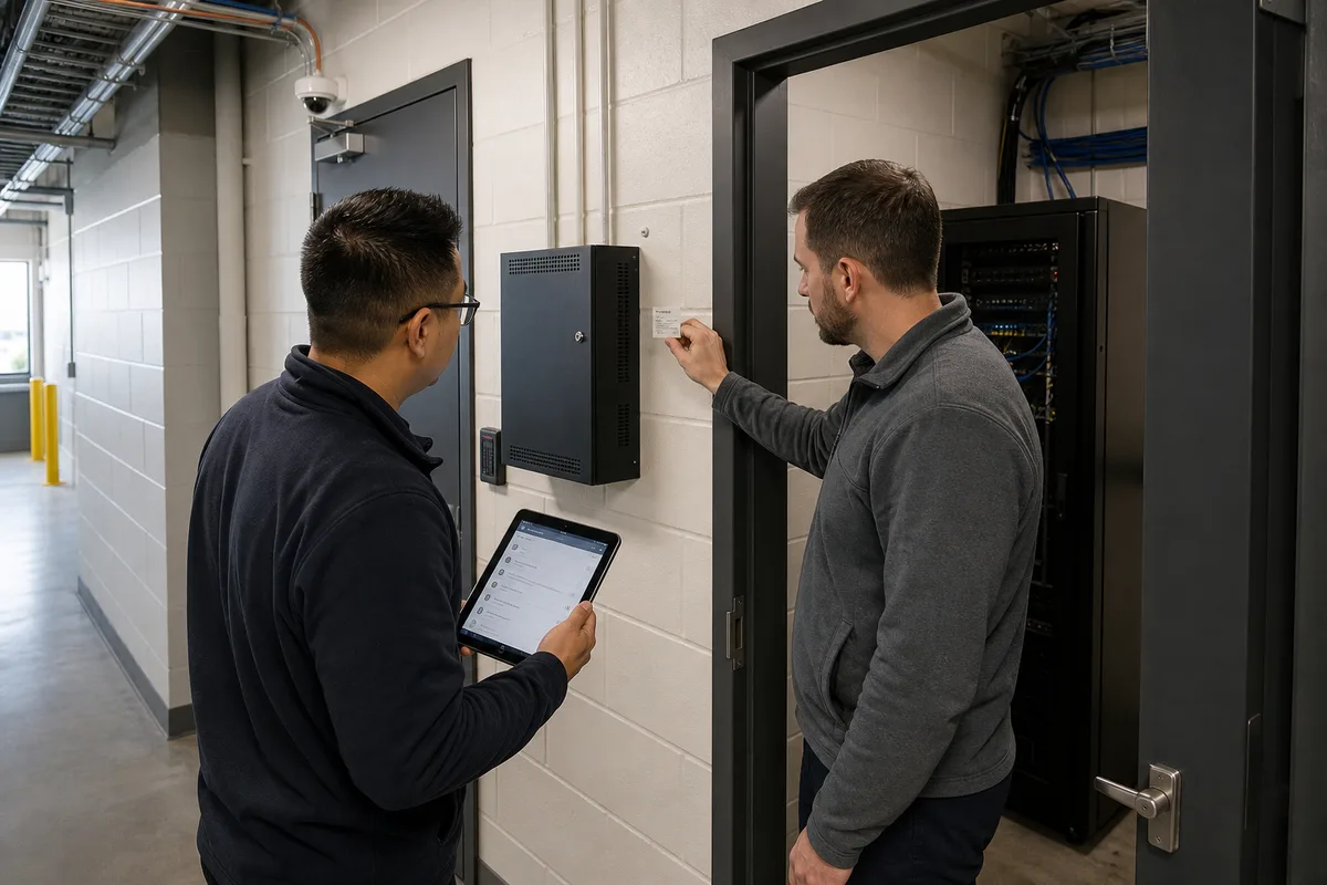 Illustrative facilities manager and security technician verifying commercial security equipment for an asset inventory