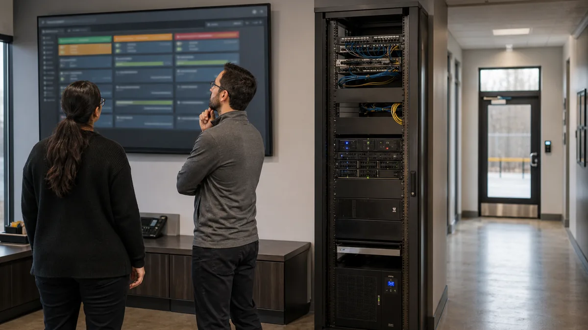 Illustrative facilities and IT team reviewing security system health information beside commercial network equipment
