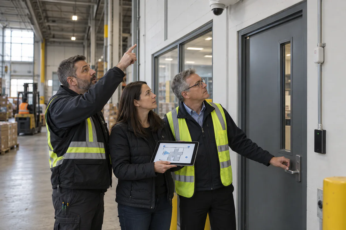 Illustrative security and facilities team matching a camera, controlled door and site plan during a commercial facility walkthrough