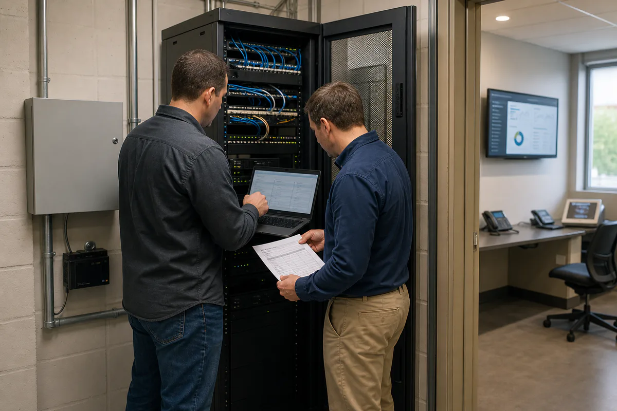 Illustrative IT and physical-security administrators reviewing account governance beside a commercial security network rack
