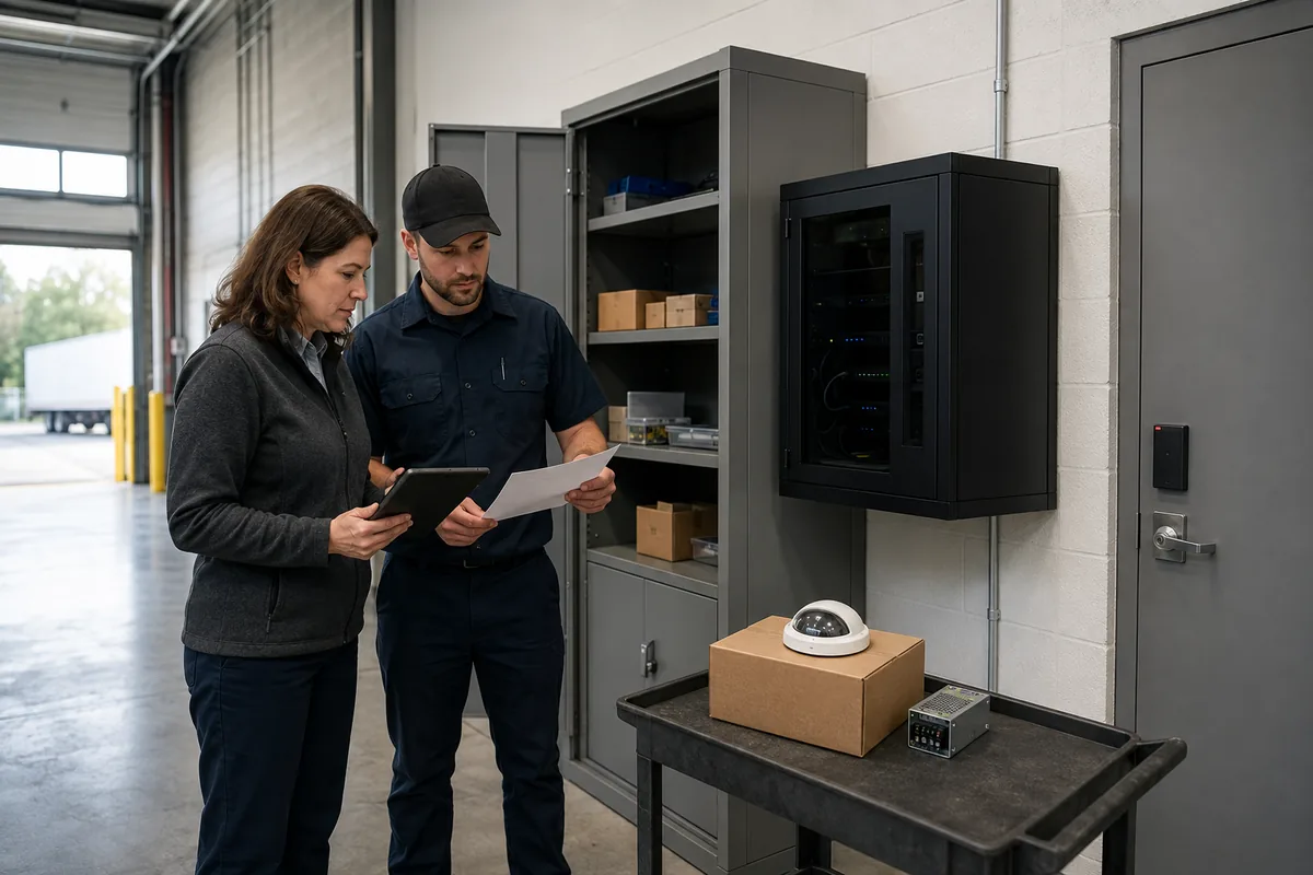Illustrative facilities manager and security technician reviewing a modest spare-parts cabinet in a Southern Ontario commercial facility