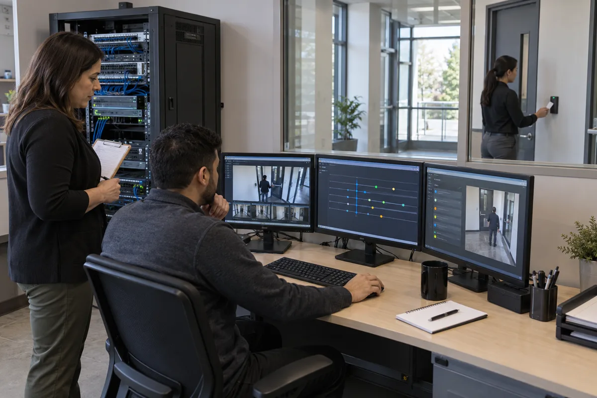 Illustrative IT and security team comparing video, access and alarm events during a time synchronization test