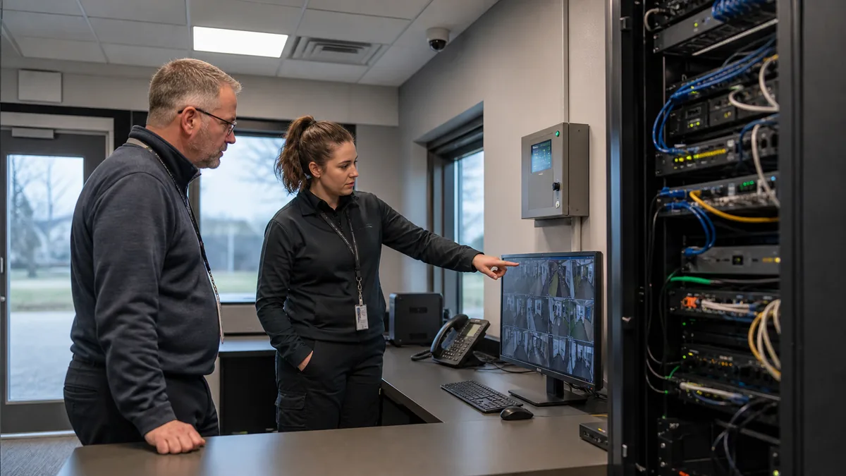 Illustrative commercial security and IT team reviewing a controlled remote maintenance session
