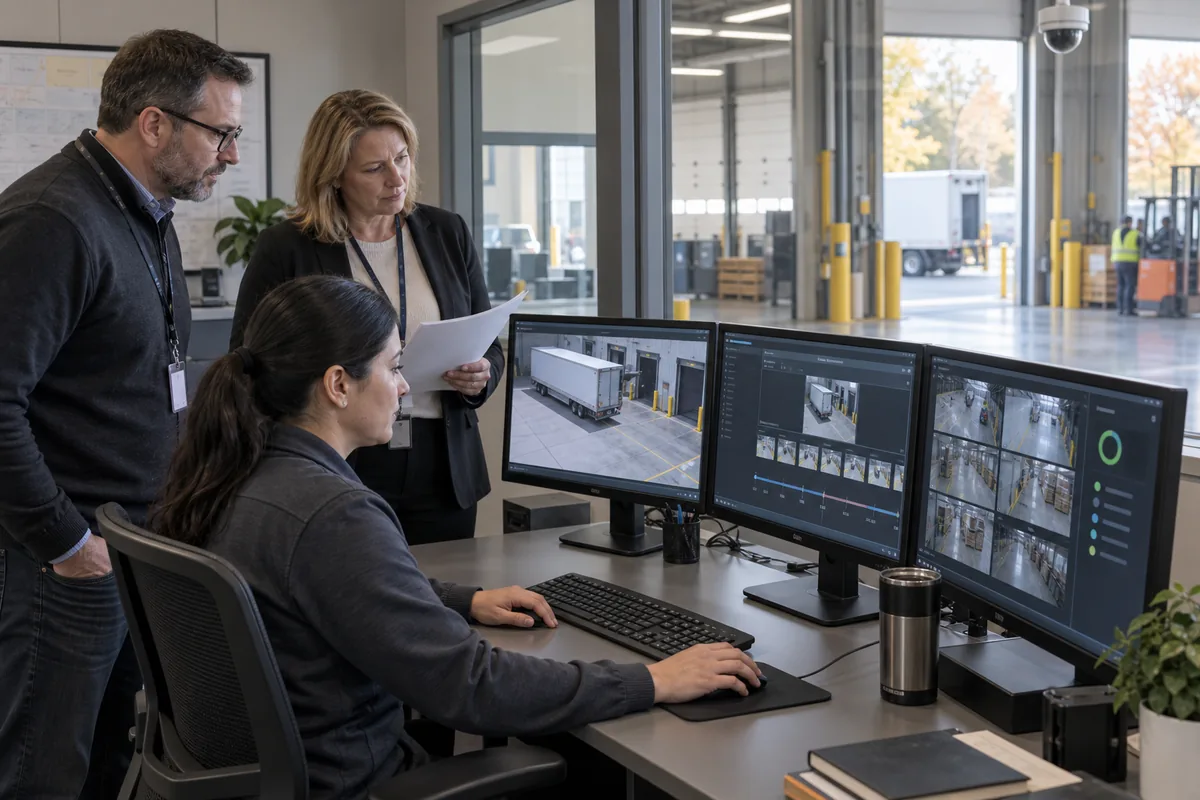 Illustrative security operator, IT manager and facilities leader evaluating video management workflows in a Southern Ontario distribution facility