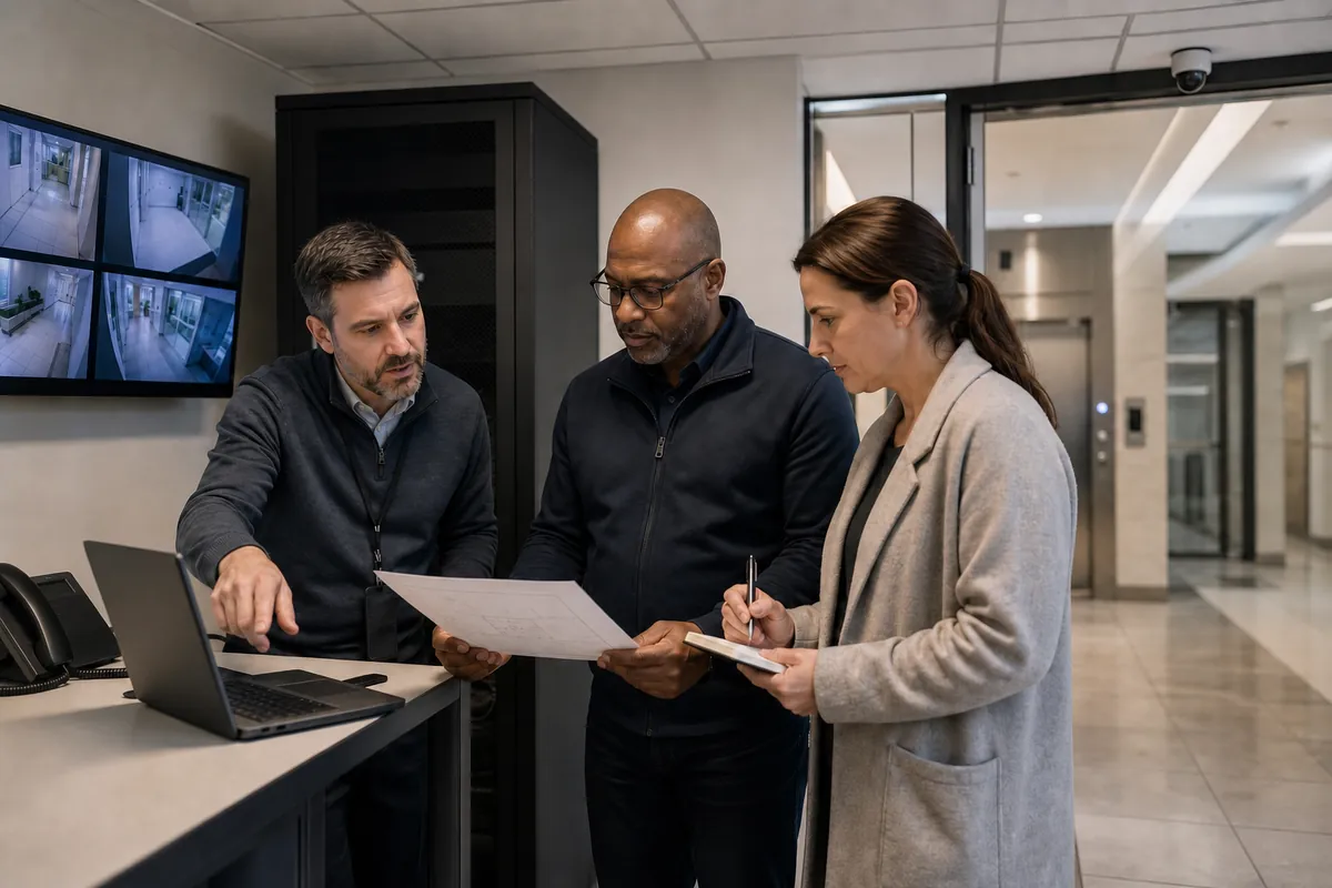 Illustrative security, privacy and IT leaders reviewing a commercial video retention plan