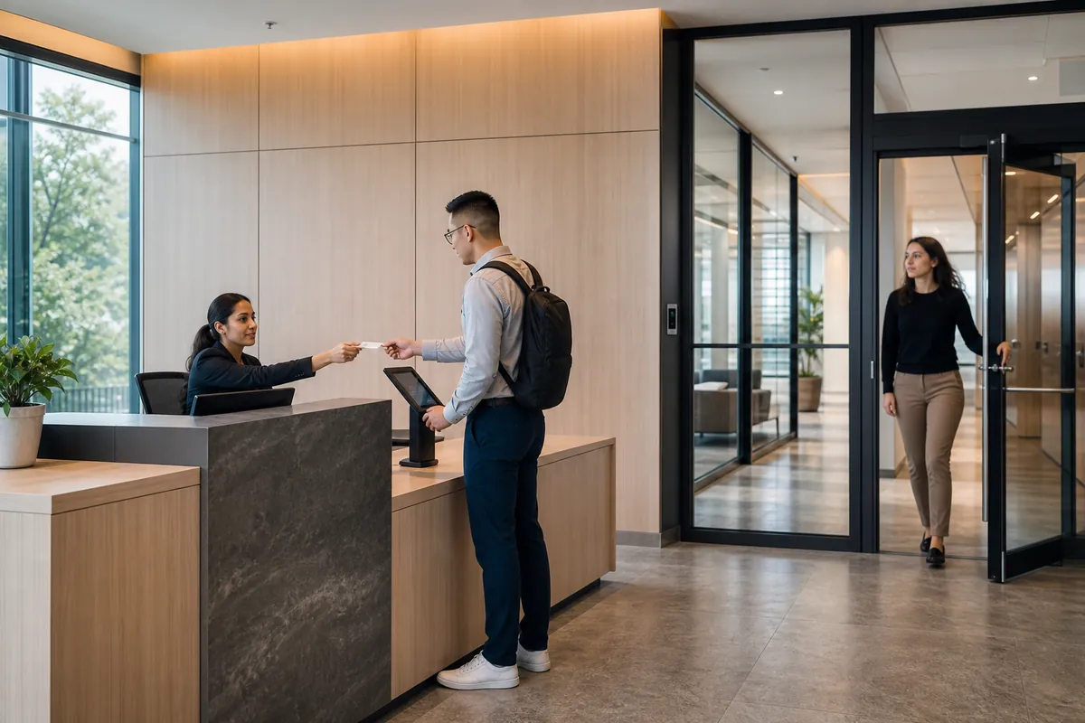 Illustrative corporate reception workflow with a visitor receiving a temporary badge