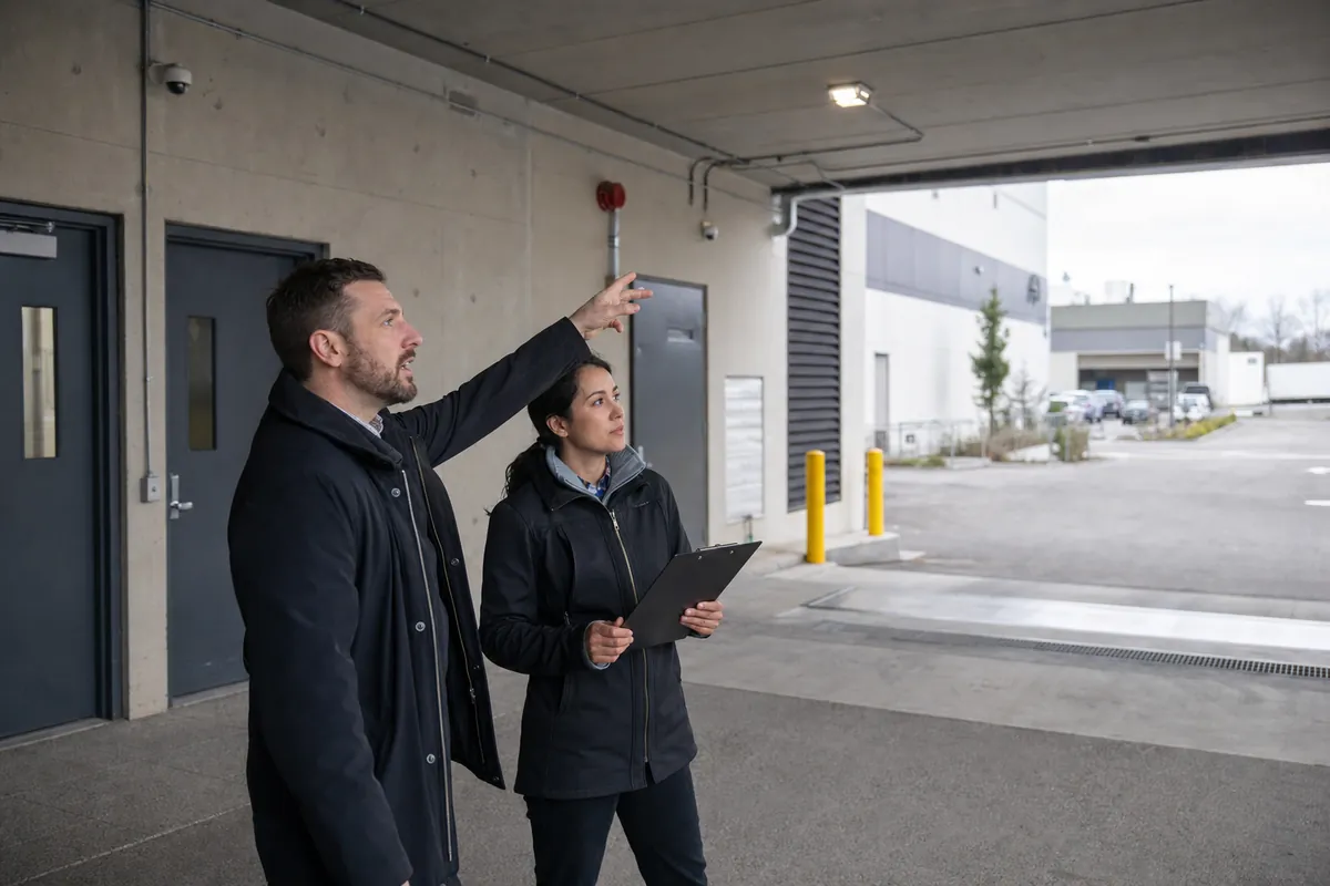 Security consultant and property lead conducting a commercial site survey