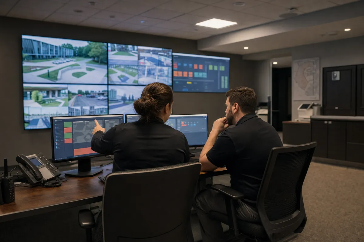 Security operations team working with integrated video, access and alarm events