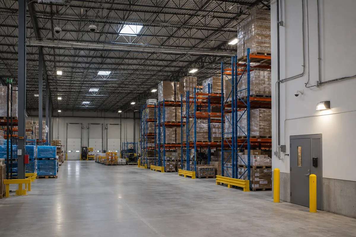 Layered video surveillance installed naturally in a large distribution warehouse