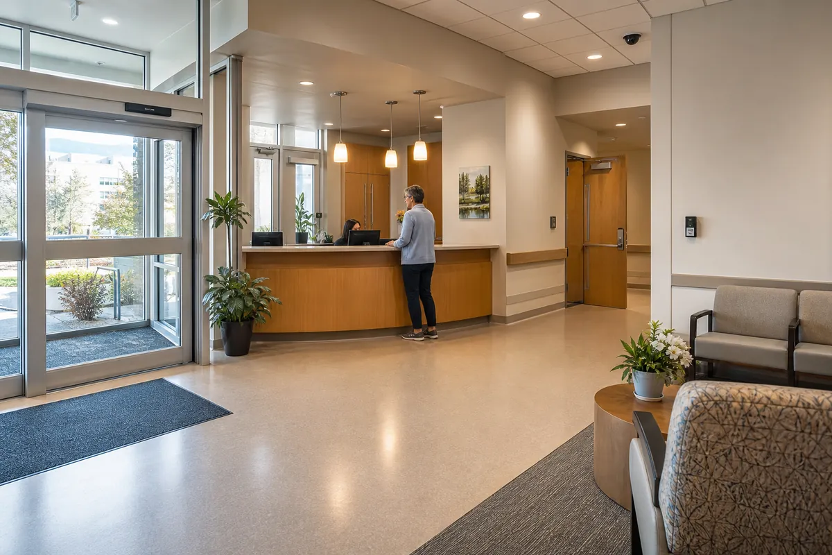 Professional security infrastructure in a healthcare facility corridor