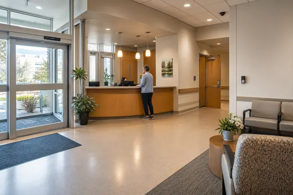 Professional security infrastructure in a healthcare facility corridor