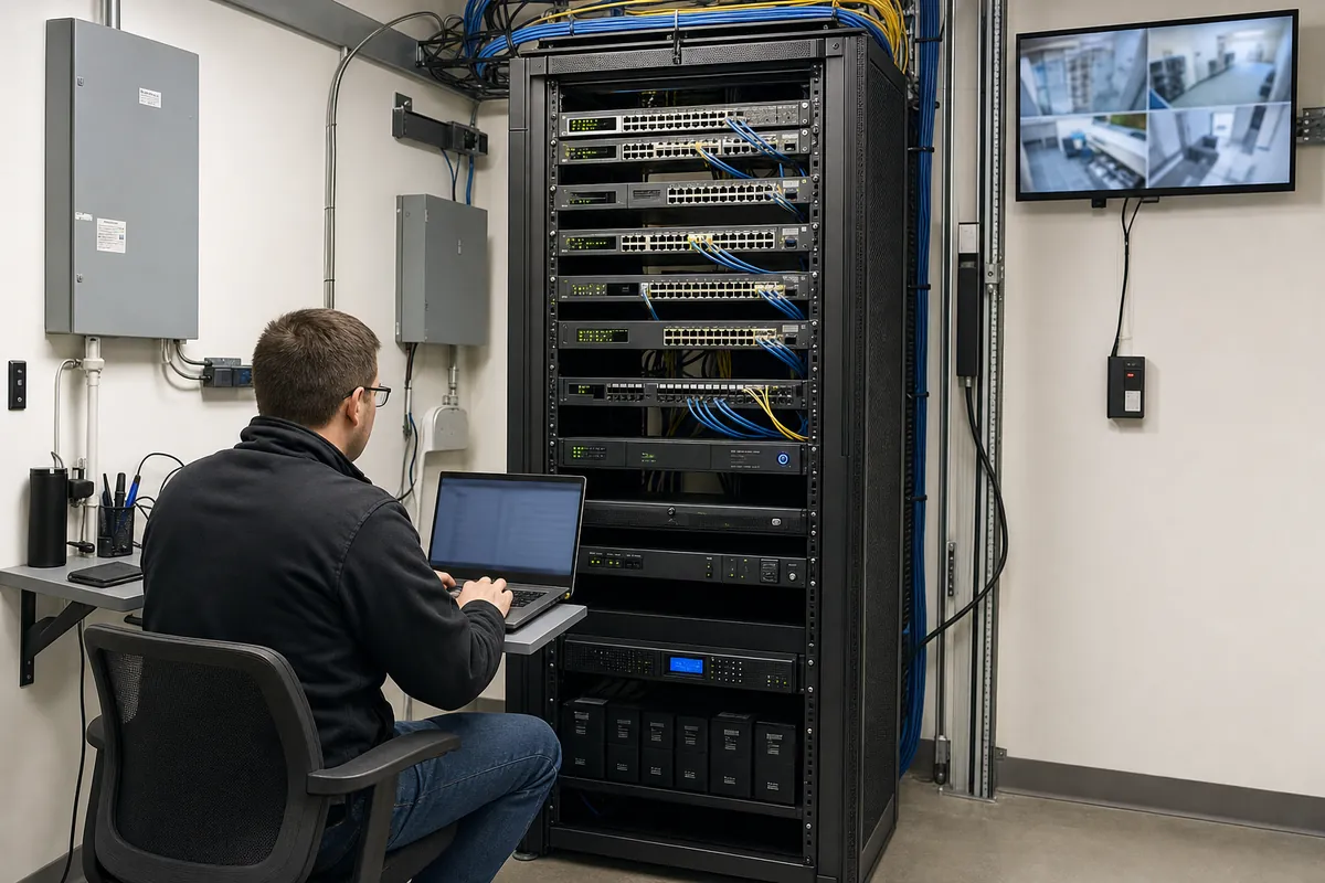 Technician maintaining a segmented IP video surveillance network rack