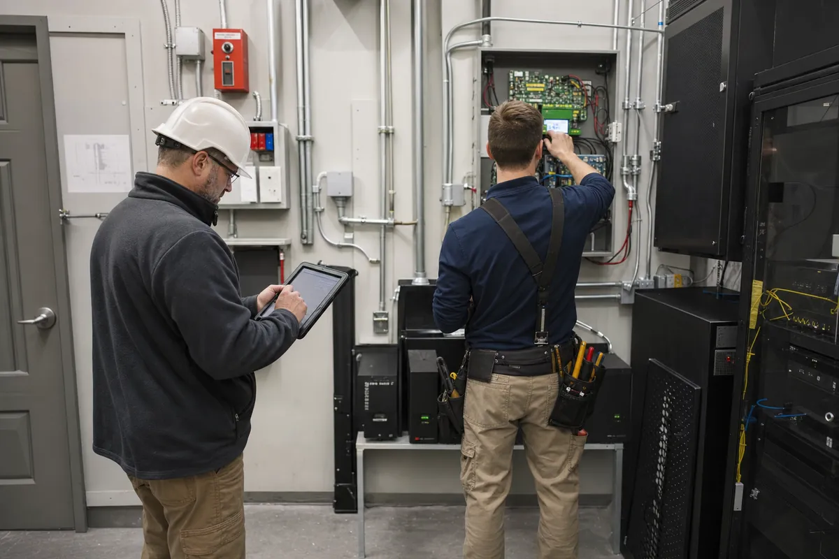 Facilities lead and technician reviewing installed security infrastructure
