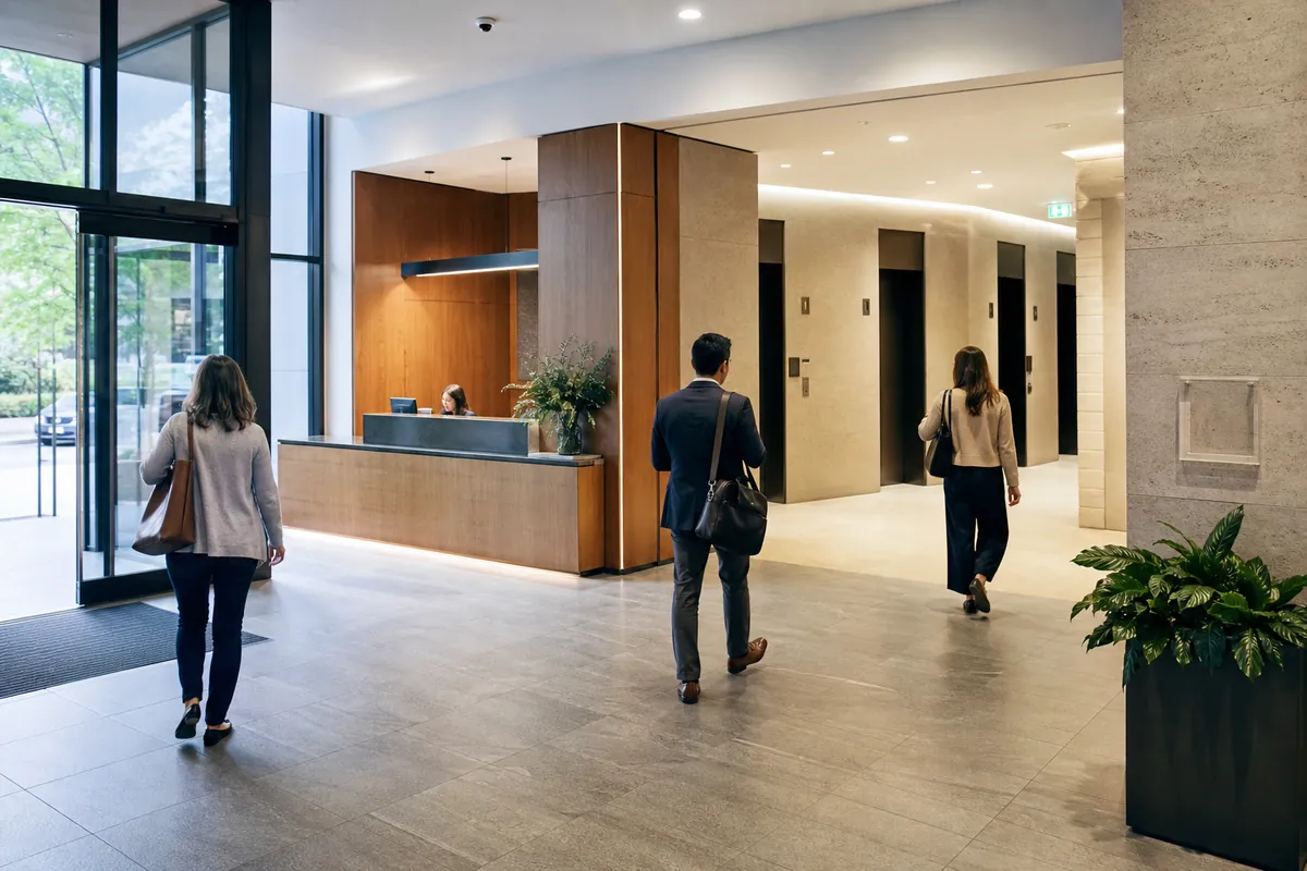 Privacy-aware video surveillance used discreetly in a commercial lobby