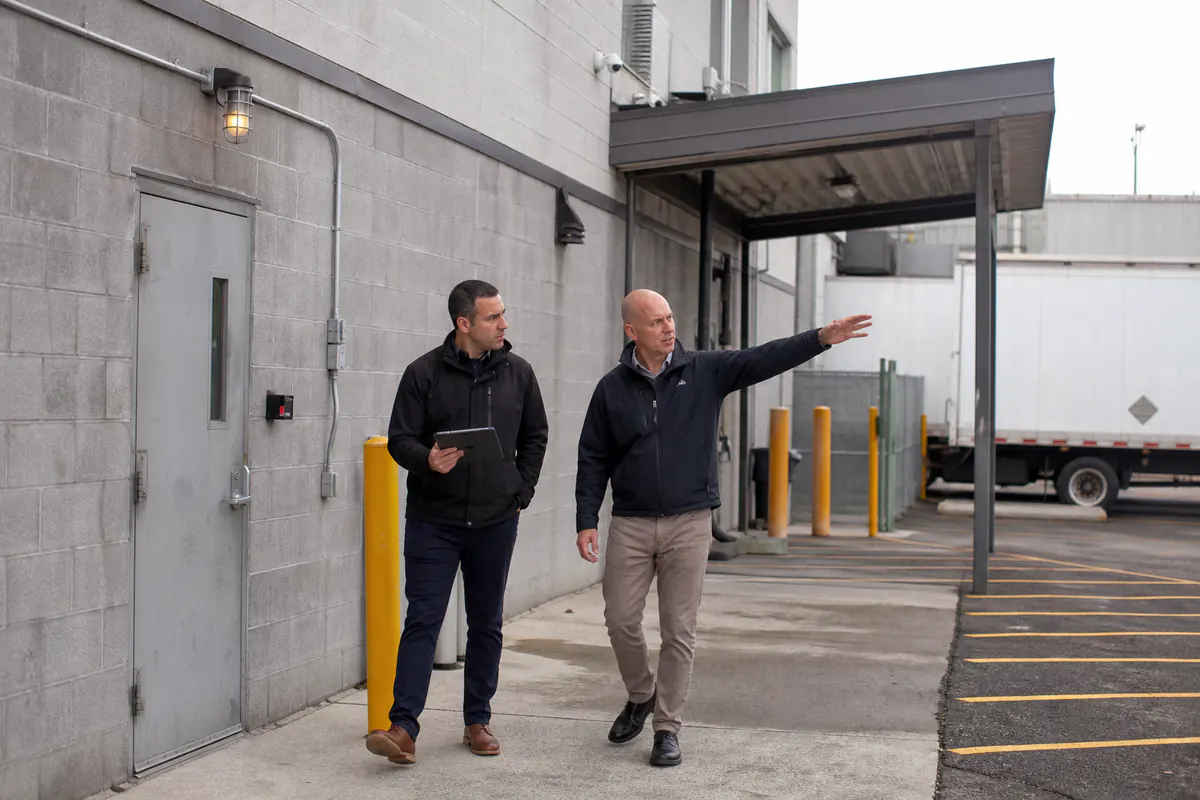 Security professionals assessing a commercial property entrance