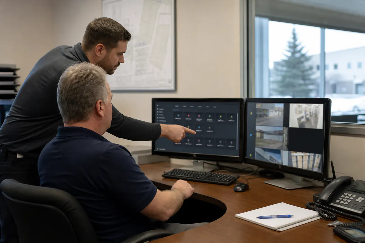 Security specialist guiding a facility manager through a monitoring workstation
