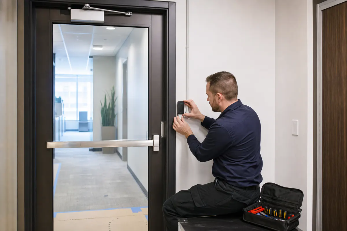Security technician installing an access control reader beside a commercial door