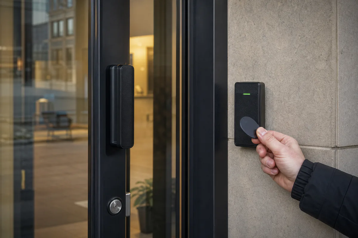 Commercial access control reader at an office entrance