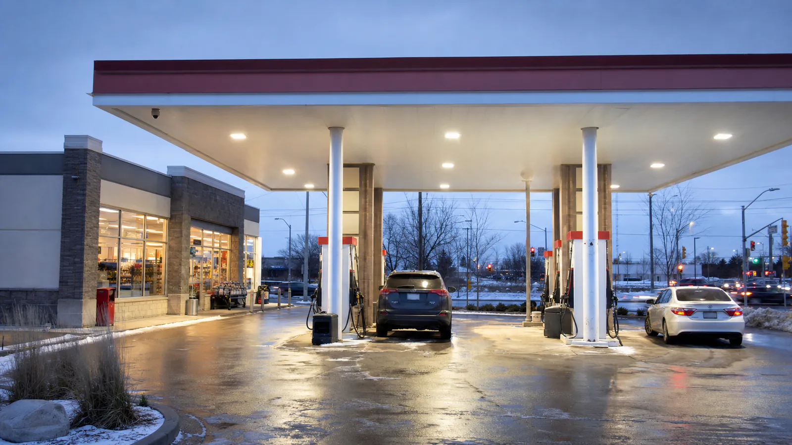 Security coverage at a gas station at dusk