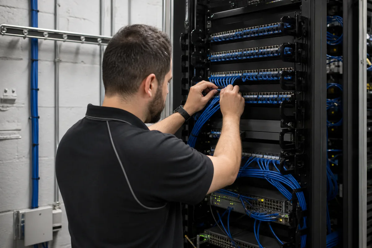 Technician completing structured network cabling in a commercial rack